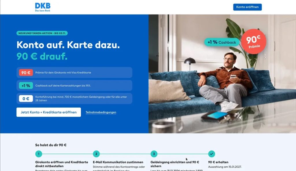 Pagina dell'offerta DKB con conto corrente e bonus di 90 euro