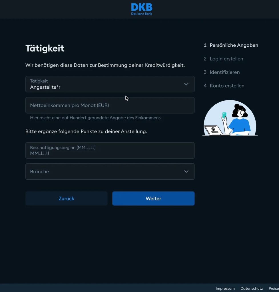 Campi Nettoeinkommen, Beschäftigungsbeginn e Branche