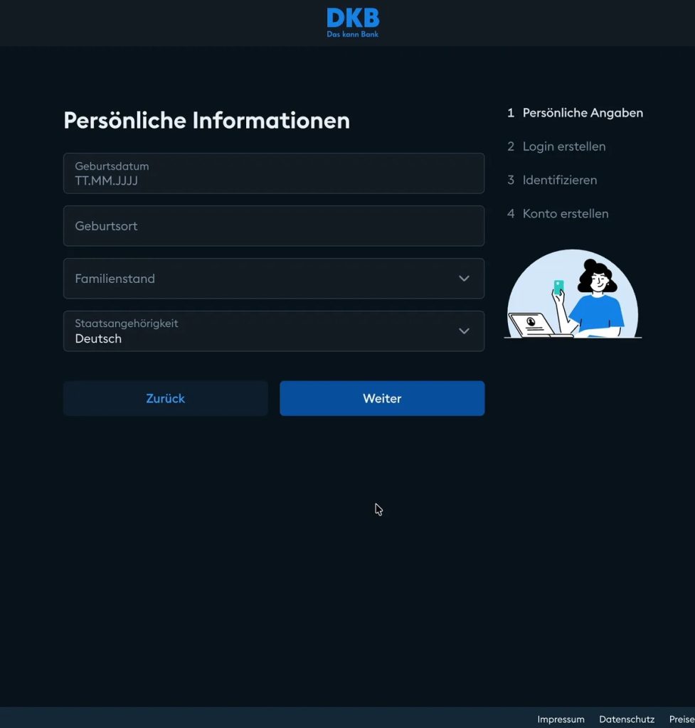 Modulo Persönliche Informationen con data e luogo di nascita, stato civile e cittadinanza
