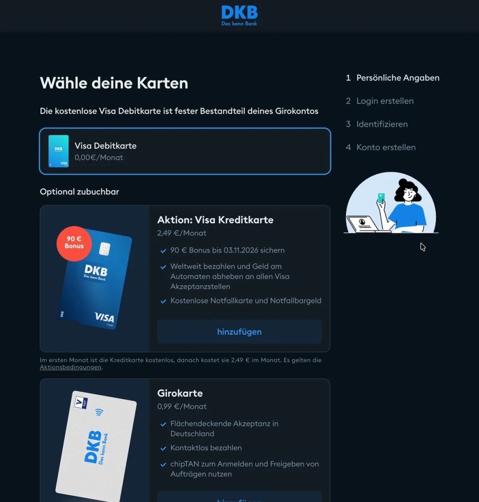 Pagina Wähle deine Karten con la Visa Debitkarte inclusa