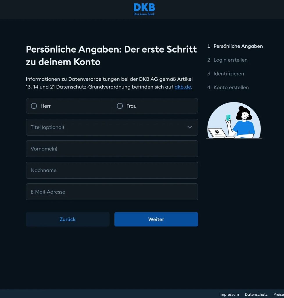 Modulo Persönliche Angaben con titolo, nome, cognome ed e-mail