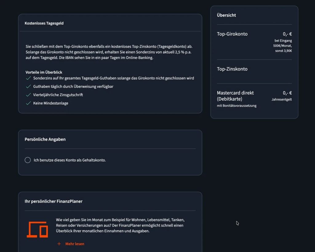 Conto deposito incluso, opzione conto stipendio e FinanzPlaner
