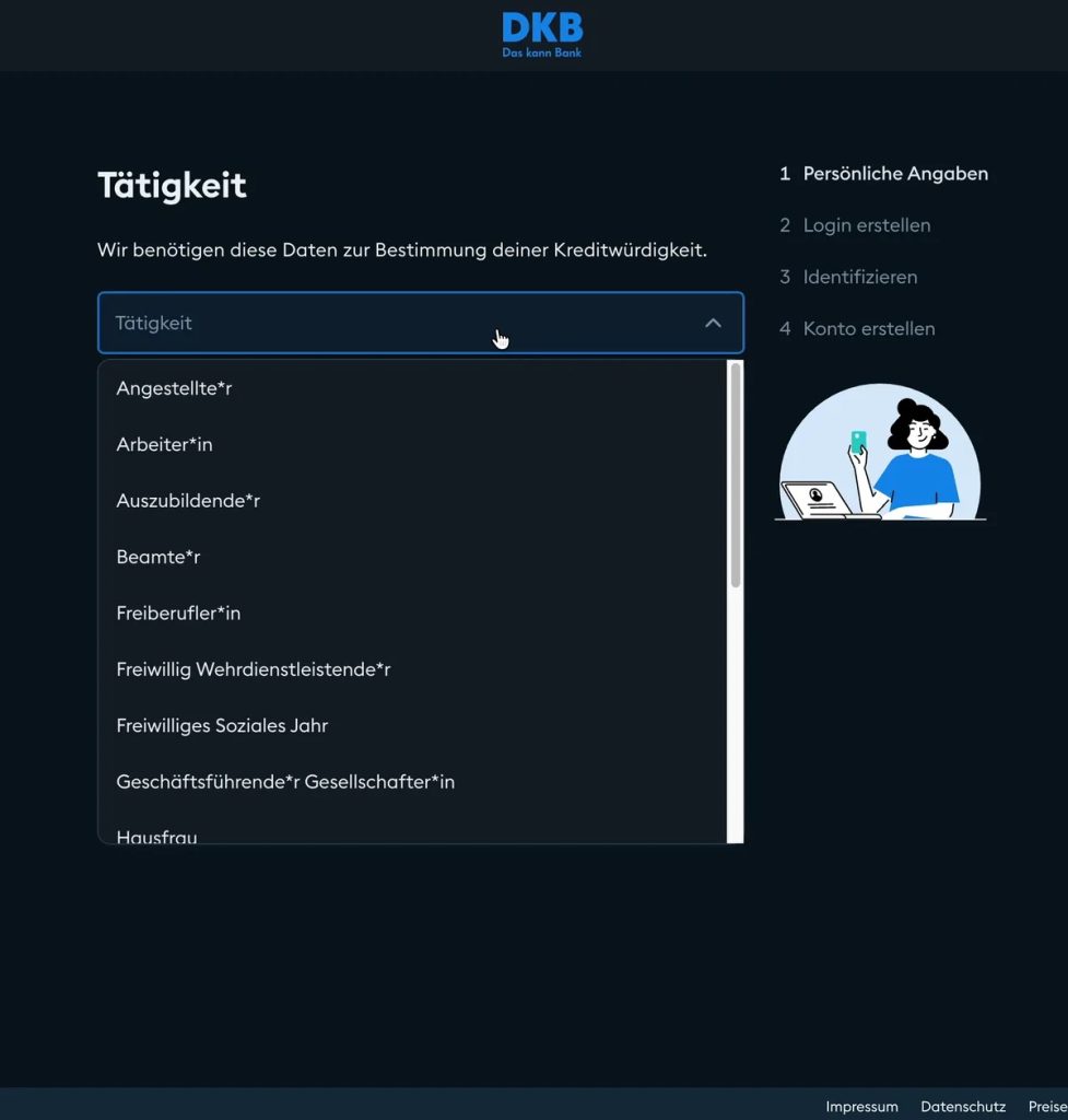 Menu a tendina Tätigkeit con le occupazioni